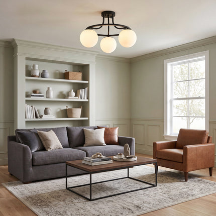 3-Light Satin Nickel Globe Ceiling Light with Frosted White Glass
