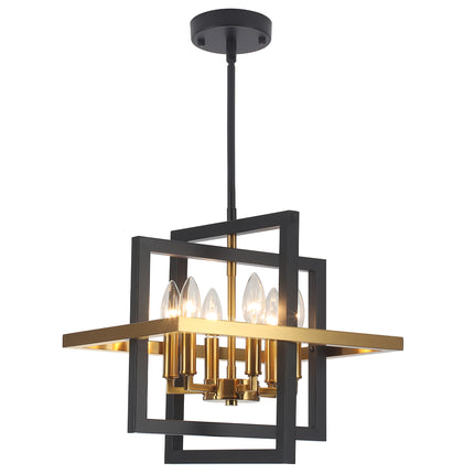 Geometric Black and Brass 6-Light Frame Pendant Light