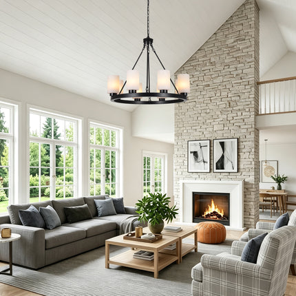 8-Light Black Wagon Wheel Chandelier with Frosted Glass