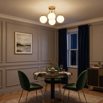 4-Light Brushed Brass Milk Glass Globe Semi Flush Mount