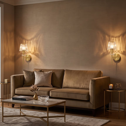 Set of 2 Brushed Brass 1-Light Fluted Glass Wall Sconces