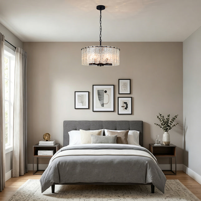 5-Light Black Textured Glass Drum Chandelier