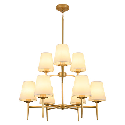 9-Light 2-Tier Matte Gold Chandelier with White Linen Shades