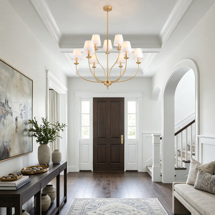 9-Light 2-Tier Brushed Brass Candle Chandelier with Linen Shades