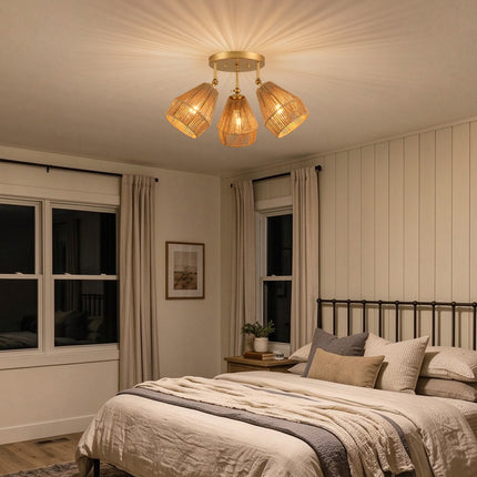 3-Light Matte Gold Adjustable Rattan Ceiling Light