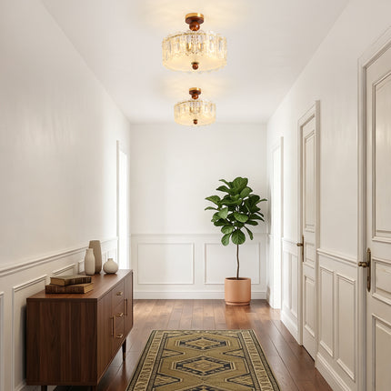 5-Light Antique Brass Wood Ball & Etched Glass Ceiling Light