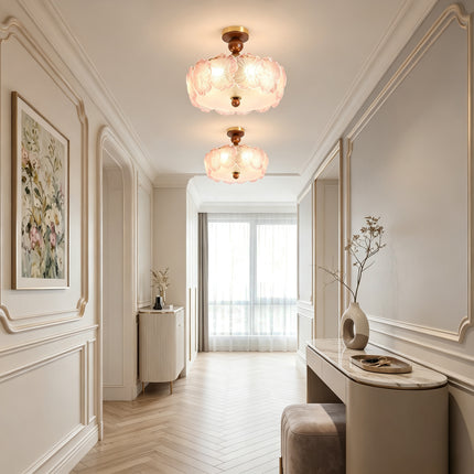 5-Light Brass Wood Ball & Pink Flower Glass Ceiling Light