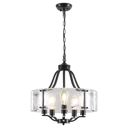 5-Light Matte Black Chandelier with Large Glass Shade