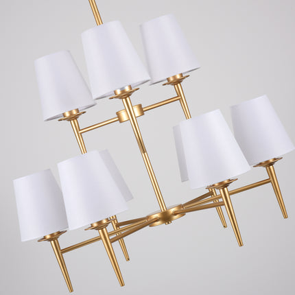 9-Light 2-Tier Matte Gold Chandelier with White Linen Shades