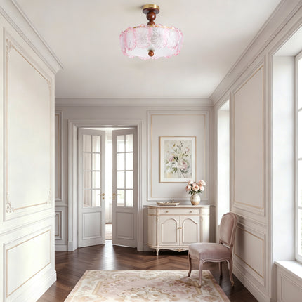 5-Light Brass Wood Ball & Pink Flower Glass Ceiling Light