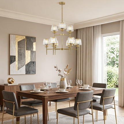 9-Light 2-Tier Brass Chandelier with Fluted Cone Glass