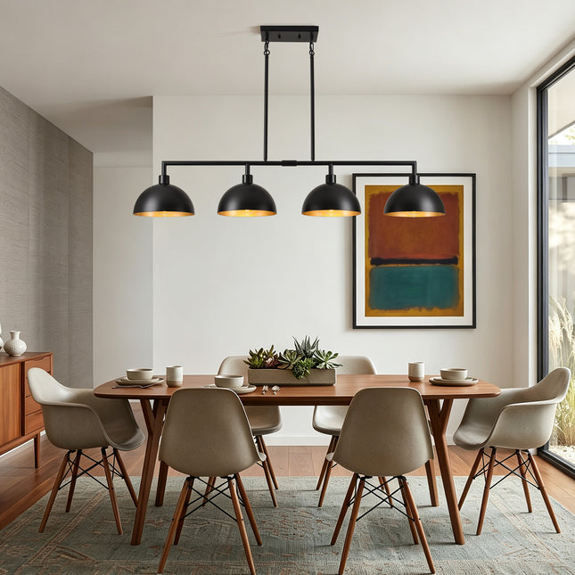 4-Light Matte Black Linear Dome Pendant with Gold Interior