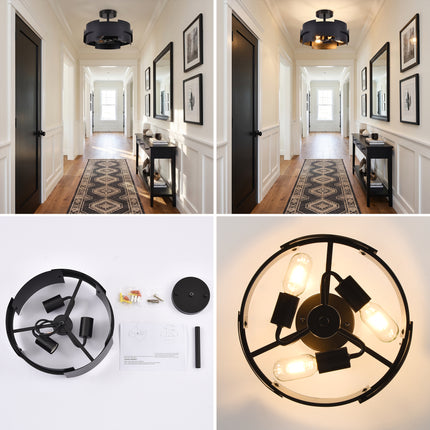 3-Light Black Metal Flush Mount Ceiling Light