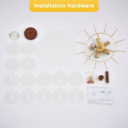 5-Light Brass Wood & Frosted Shell Glass Ceiling Light