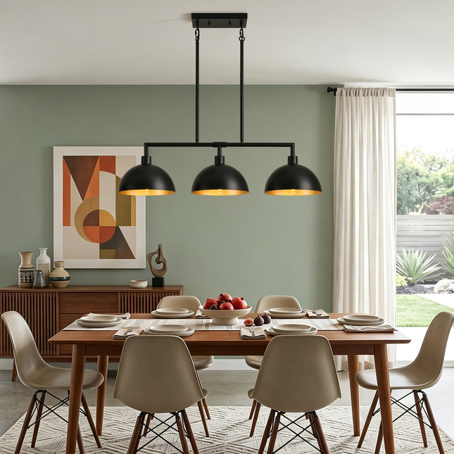3-Light Matte Black Linear Dome Pendant with Gold Interior