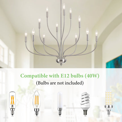 12-Light Brushed Nickel 3-Tier Lotus Candle Chandelier