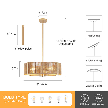 Rustic Black 5-Bulb Rattan Drum Ceiling Light