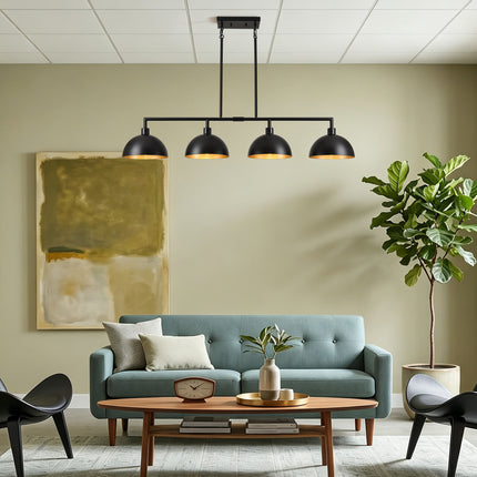 4-Light Matte Black Linear Dome Pendant with Gold Interior