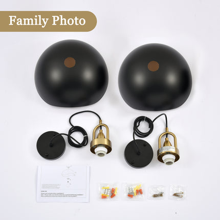 2-Pack 15.75" Matte Black & Brass Wavy Dome Pendant Lights