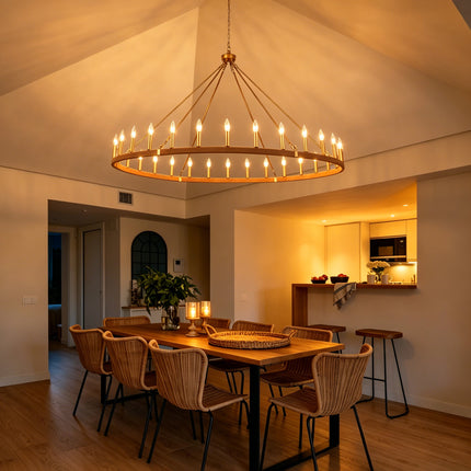 30-Light Matte Gold Rope Wagon Wheel Chandelier