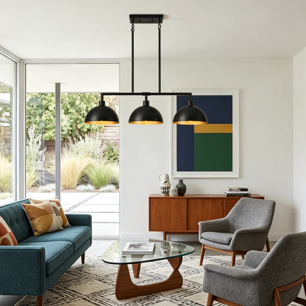 3-Light Matte Black Linear Dome Pendant with Gold Interior