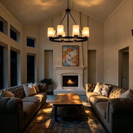 8-Light Black Wagon Wheel Chandelier with Frosted Glass