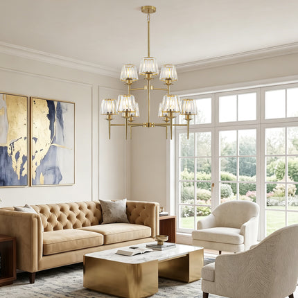9-Light 2-Tier Brass Chandelier with Fluted Cone Glass