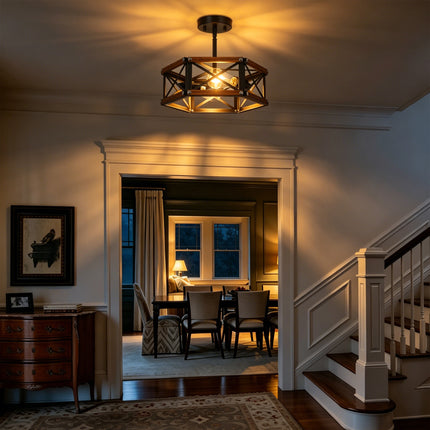 2-Light Rustic Wood Geometric Ceiling Light