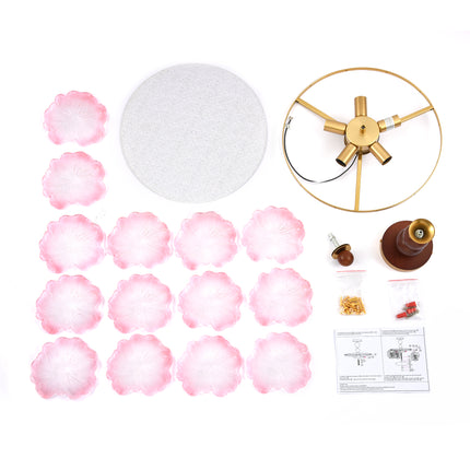 5-Light Brass Wood Ball & Pink Flower Glass Ceiling Light