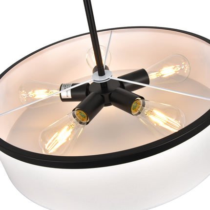5-Light Black Drum Pendant with White Fabric Shade