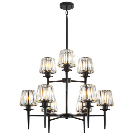 9-Light 2-Tier Brass Chandelier with Fluted Cone Glass
