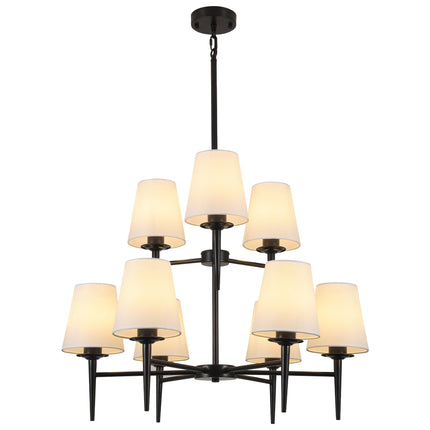 9-Light 2-Tier Matte Gold Chandelier with White Linen Shades
