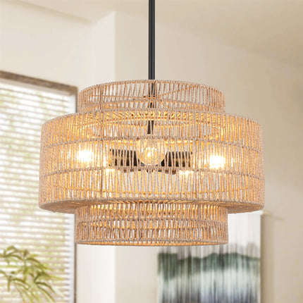 3-Light -Brown & Black Tiered Woven Paper Pendant Light