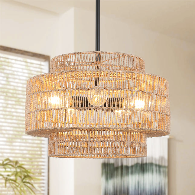 3-Light -Brown & Black Tiered Woven Paper Pendant Light