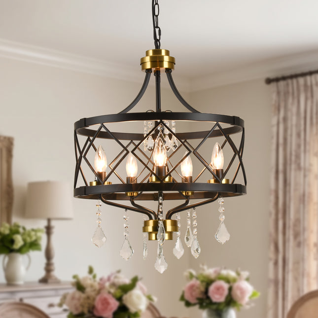 5-Light Matte Black & Antique Brass Diamond Crystal Chandelier