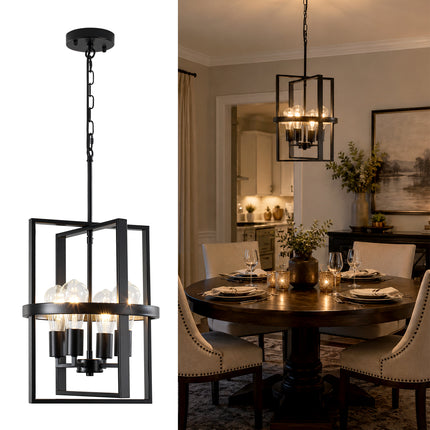 4-Light Black Geometric Cage Chandelier