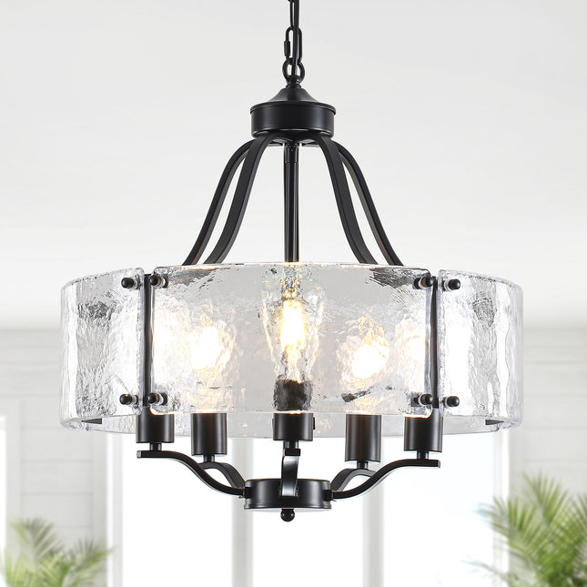 5-Light Matte Black Chandelier with Large Glass Shade