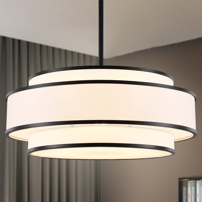 3-Light Matte Black Fabric Shade Chandelier