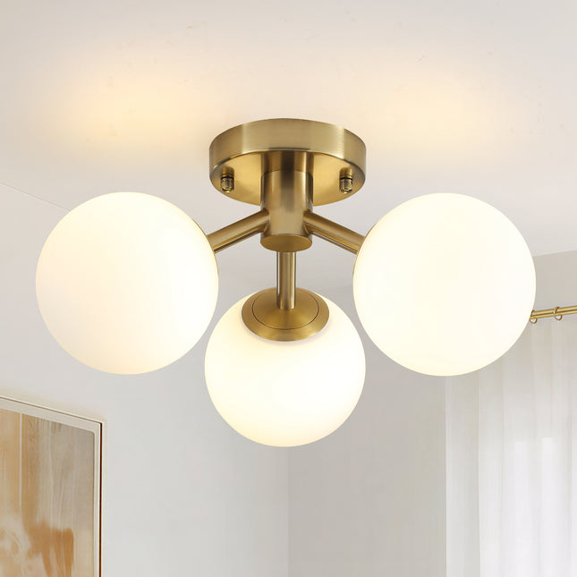3-Light Gold Milk Glass Globe Semi Flush Mount