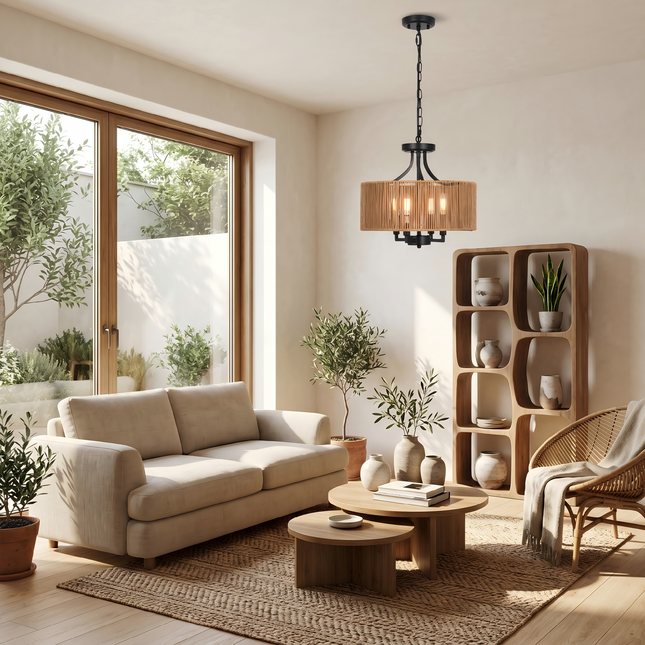 Organic Modern 4-Light Woven Drum Chandelier
