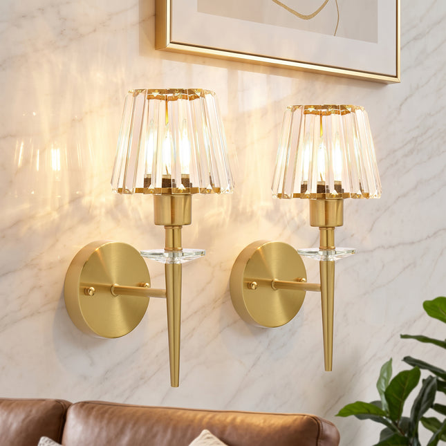 Set of 2 Brushed Brass 1-Light Fluted Glass Wall Sconces