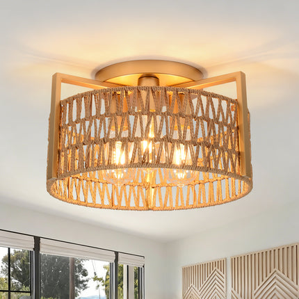 3-Light Matte Gold Woven Rope Ceiling Light
