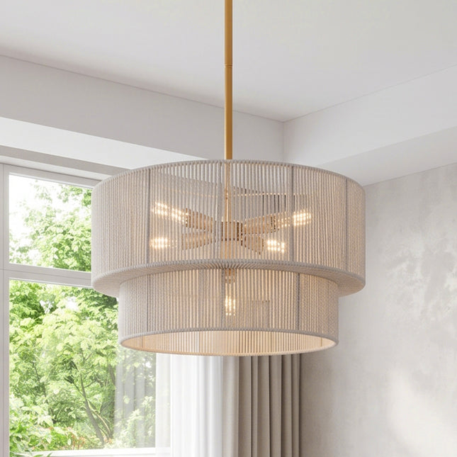 5-Light Black Chandelier with White Cotton Shade