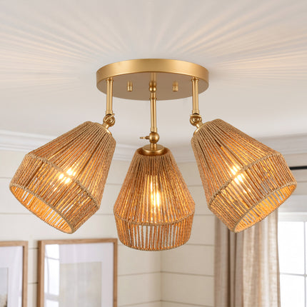 3-Light Matte Gold Adjustable Rattan Ceiling Light