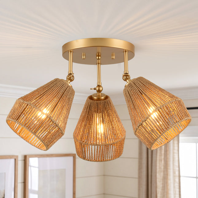 3-Light Matte Gold Adjustable Rattan Ceiling Light