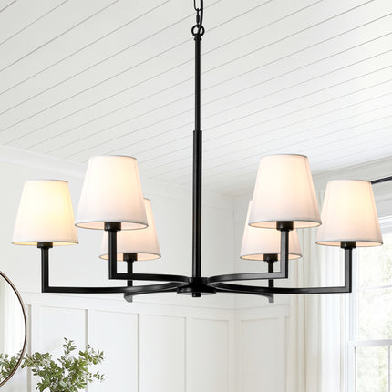 6-Light Black Chandelier with White Fabric Shades