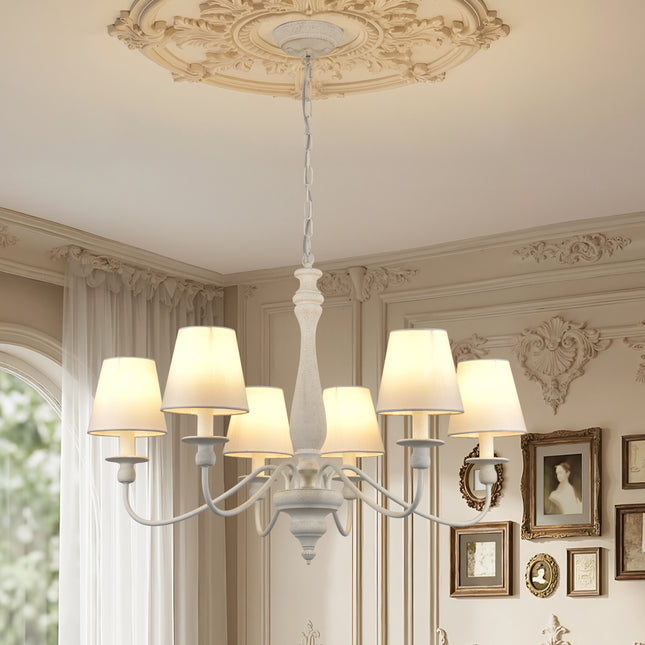6-Light Antique White Wood Farmhouse Chandelier with Fabric Shades