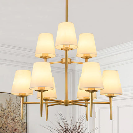 9-Light 2-Tier Matte Gold Chandelier with White Linen Shades