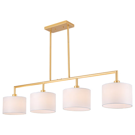 4-Light Matte Gold Island Light with White Drum Fabric Shades