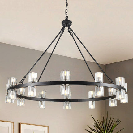 24-Light Black Crystal Wagon Wheel Chandelier